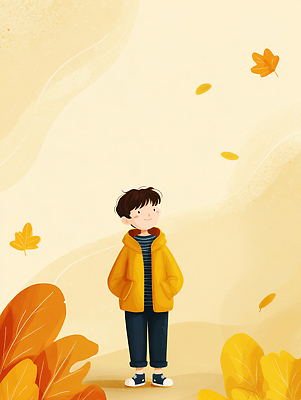 JPG 감정 어린이 백그라운드 일러스트 자연 나뭇잎 풍경 소년 친구 노란색 걷기 봄 외투 가을 힐링 애니메이션 혼자 국내일러스트 AI일러스트 AI콘텐츠 계절 남자 컬러 상의 잎 관계 모션 사람 생태계 파일형식