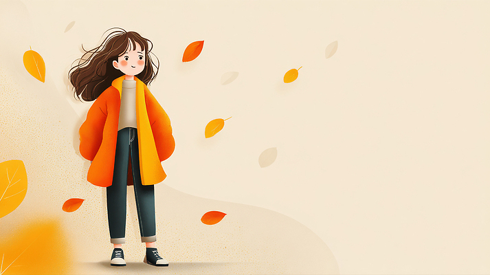 JPG 긴머리 여자 컬러 백그라운드 단풍 일러스트 자연 바람 날씨 서기 풍경 청춘 노란색 주황색 외투 가을 편안함 즐거움 멋 국내일러스트 AI일러스트 AI콘텐츠 자연요소 헤어스타일 계절 감정 컨셉 상의 잎 모션 사람 감각 생태계 파일형식