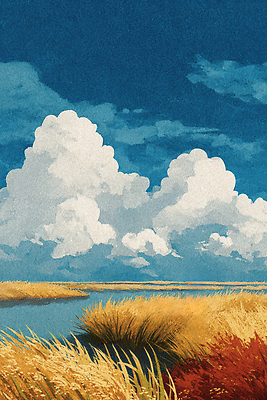 JPG 구름 예술 하늘색 일러스트 자연 하늘 생명 풍경 초원 물 여름 햇빛 평화 고요 땅 억새 조화 뷰티풀 색감 국내일러스트 AI일러스트 AI콘텐츠 자연요소 식물 계절 컨셉 파란색 태양 생태계 파일형식