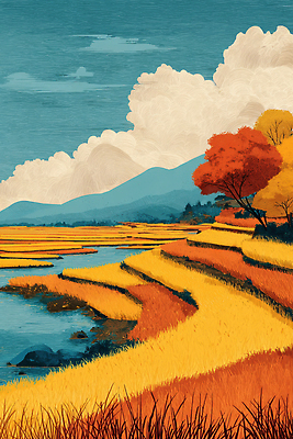 JPG 나무 구름 컬러 일러스트 자연 하늘 날씨 산 풍경 물 농작물 농경지 평화 금색 수확 가을 시골 생태계 주민 국내일러스트 AI일러스트 AI콘텐츠 자연요소 식물 계절 컨셉 농업 농장 파일형식