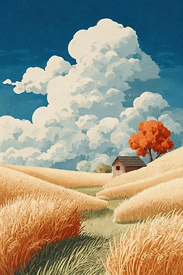 JPG 구름 농업 일러스트 자연 단풍나무 주택 풍경 여름 농장 평화 시골 힐링 보리밭 뷰티풀 국내일러스트 AI일러스트 AI콘텐츠 자연요소 나무 계절 산업 컨셉 단풍 밭 건물 생태계 보리 파일형식