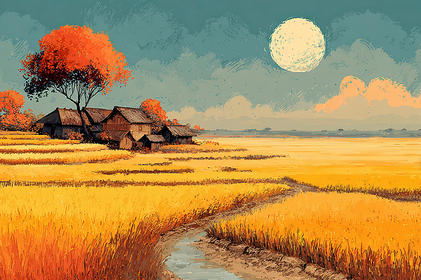 JPG 나무 구름 농업 일러스트 자연 하늘 주택 따뜻함 풍경 평화 마을 고요 일몰 수확 벼 가을 농촌 시골 저녁 국내일러스트 AI일러스트 AI콘텐츠 자연요소 식물 계절 산업 컨셉 곡류 건물 노을 야간 생태계 파일형식