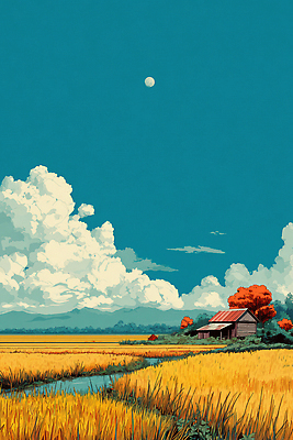 JPG 나무 구름 농업 일러스트 자연 주택 초원 고요 일몰 가을 농촌 힐링 뷰티풀 색감 풍경화 국내일러스트 AI일러스트 AI콘텐츠 자연요소 식물 계절 산업 건물 노을 시골 그림 생태계 파일형식