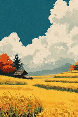 JPG 나무 구름 농업 일러스트 자연 하늘 풍경 초원 농가 농장 일출 일몰 가을 시골 조화 논밭 국내일러스트 AI일러스트 AI콘텐츠 자연요소 식물 계절 산업 밭 논 노을 생태계 파일형식