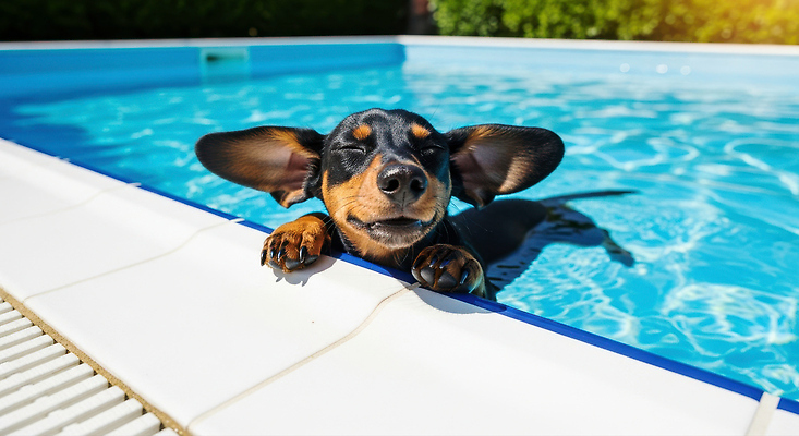 JPG 동물 편집이미지 행복 반려견 놀이 휴식 수영장 물 여름 반려동물 햇빛 귀여움 수영 개 즐거움 편집실사 AI포토 AI콘텐츠 자연요소 계절 감정 컨셉 포유류 태양 수상스포츠 CG 파일형식