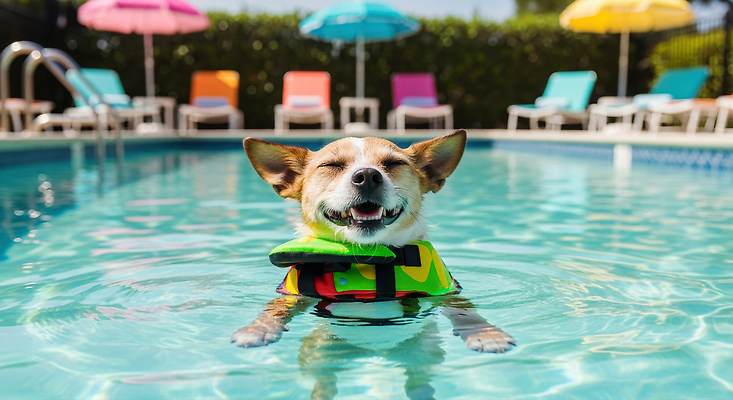 JPG 편집이미지 모션 물놀이 수영장 웃음 해변 여름 반려동물 햇빛 수영 파라솔 강아지 즐거움 구명조끼 편집실사 AI포토 AI콘텐츠 동물 계절 감정 바다 놀이 표정 태양 수상스포츠 개 CG 구조용품 파일형식