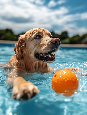JPG 편집이미지 반려견 모션 물놀이 수영장 여름 반려동물 햇빛 강아지 즐거움 편집실사 AI포토 AI콘텐츠 동물 계절 감정 놀이 태양 개 CG 파일형식