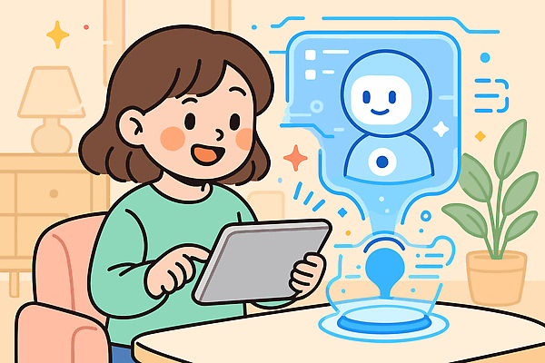 디자인 일러스트 모션 주택 기술 미소 사람 친구 소파 태블릿 디지털 스크린 기쁨 즐거움 소통 인터페이스 창의성 AI_인공지능 국내일러스트 AI파일 감정 컨셉 의자 관계 표정 건물 전자제품 스마트기기 파일형식 벡터