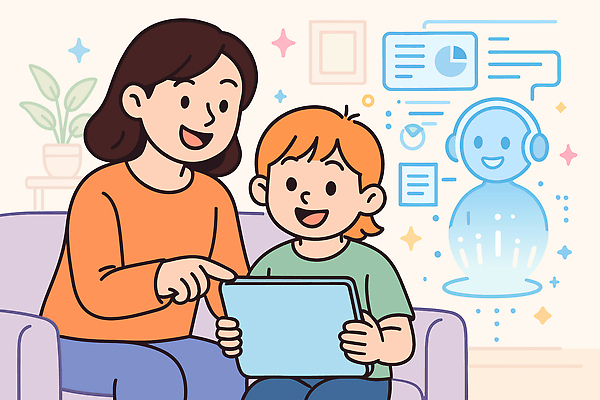 아들 어린이 일러스트 가족 엄마 함께함 기술 학습 부모 태블릿 디지털 스크린 정보 탐색 발견 소통 놀기 지원 인간관계 AI_인공지능 국내일러스트 AI파일 교육 컨셉 관계 모션 사람 전자제품 스마트기기 파일형식 벡터