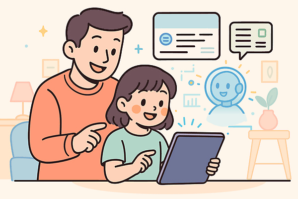 교육 어린이 일러스트 가족 함께함 기술 대화 학습 부모 태블릿 디지털 스크린 자료 정보 자녀 체험 즐거움 탐색 소통 콘텐츠 AI_인공지능 국내일러스트 AI파일 감정 컨셉 관계 말하기 사람 전자제품 스마트기기 파일형식 벡터