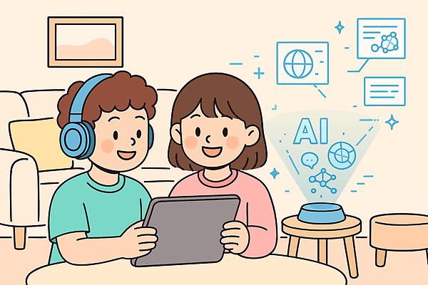 교육 일러스트 가정 기술 친구 전자제품 학습 컴퓨터 태블릿 정보 성장 시간 즐거움 호기심 탐색 발견 소통 창의성 상호작용 AI_인공지능 국내일러스트 AI파일 감정 컨셉 관계 스마트기기 파일형식 벡터