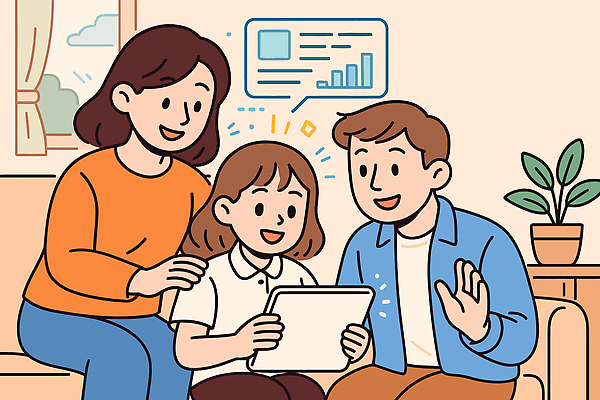 교육 어린이 거실 일러스트 가족 모션 함께함 기술 대화 사랑 전자제품 부모 태블릿 스크린 분위기 나눔 소통 AI_인공지능 국내일러스트 AI파일 감정 컨셉 관계 말하기 사람 스마트기기 파일형식 벡터