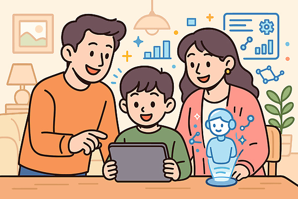 교육 아들 일러스트 가족 모션 놀이 주택 함께함 기술 따뜻함 미소 부모 태블릿 디지털 스크린 기쁨 연결 소통 순간 콘텐츠 AI_인공지능 국내일러스트 AI파일 감정 컨셉 관계 표정 건물 전자제품 스마트기기 파일형식 벡터