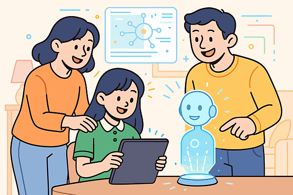 디자인 교육 어린이 거실 일러스트 가족 기술 학습 부모 태블릿 디지털 놀람 체험 로봇 즐거움 화합 소통 상상력 상호작용 AI_인공지능 국내일러스트 AI파일 감정 컨셉 관계 표정 사람 전자제품 스마트기기 파일형식 벡터