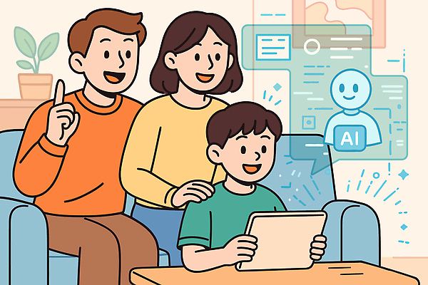 어린이 거실 일러스트 가족 협력 기술 실험 정보기술 대화 스마트기기 학습 부모 태블릿 호기심 디지털산업 AI_인공지능 국내일러스트 AI파일 교육 감정 산업 컨셉 관계 말하기 사람 전자제품 디지털 파일형식 벡터
