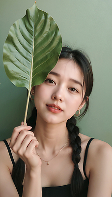 JPG 편집이미지 여자 감정 포즈 잎 자연 땋은머리 미소 초록색 여름 매력적 분위기 청록색 화사함 의료성형뷰티 스타일 편집실사 AI인물포토 AI콘텐츠 식물 헤어스타일 계절 컬러 컨셉 표정 사람 CG 생태계 파일형식 AI포토