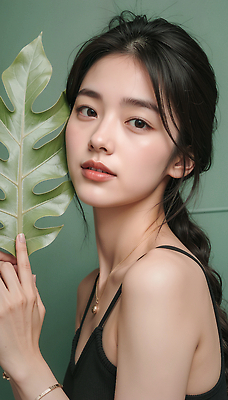 JPG 식물 편집이미지 여자 얼굴 포즈 자연 표정 사람 앞모습 장식 초록색 촬영 분위기 우아함 뷰티풀 의료성형뷰티 스타일 편집실사 AI인물포토 AI콘텐츠 뷰포인트 컬러 컨셉 신체부위 CG 생태계 파일형식 AI포토