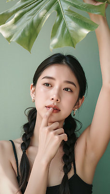 JPG 편집이미지 긴머리 손 여자 포즈 백그라운드 잎 생각 손가락 초록색 매력적 표현 오브젝트 그림 의료성형뷰티 스타일 편집실사 AI인물포토 AI콘텐츠 식물 헤어스타일 컬러 컨셉 사람 신체부위 CG 파일형식 AI포토