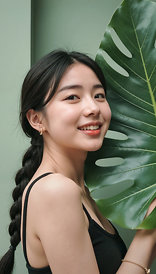 JPG 편집이미지 여자 감정 포즈 백그라운드 상의 잎 자연 미소 청춘 화사함 뷰티풀 의료성형뷰티 편집실사 AI인물포토 AI콘텐츠 식물 옷 컨셉 표정 사람 CG 생태계 파일형식 AI포토