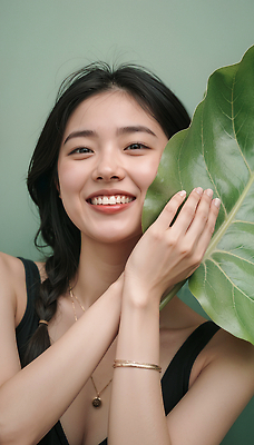 JPG 편집이미지 손 여자 감정 포즈 백그라운드 잎 자연 미소 웃음 초록색 표현 편안함 뷰티풀 의료성형뷰티 스타일 편집실사 AI인물포토 AI콘텐츠 식물 컬러 표정 사람 신체부위 감각 CG 생태계 파일형식 AI포토