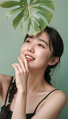 JPG 식물 편집이미지 여자 행복 자연 실내 표정 미소 초록색 여름 청춘 뷰티 촬영 기쁨 의료성형뷰티 브이넥 편집실사 AI인물포토 AI콘텐츠 계절 감정 컬러 컨셉 티셔츠 사람 내부 CG 생태계 파일형식 AI포토