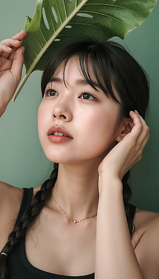 JPG 모델 편집이미지 여자 얼굴 백그라운드 잎 자연 땋은머리 초록색 청춘 촬영 표현 우아함 감성 뷰티풀 의료성형뷰티 편집실사 AI인물포토 AI콘텐츠 식물 헤어스타일 컬러 컨셉 사람 신체부위 CG 생태계 파일형식 AI포토
