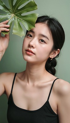 JPG 편집이미지 여자 포즈 백그라운드 잎 자연 조명 표정 미소 촬영 우아함 뷰티풀 의료성형뷰티 스타일 차분 편집실사 AI인물포토 AI콘텐츠 식물 컨셉 사람 CG 생태계 파일형식 AI포토