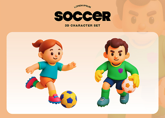 PSD 편집이미지 캐릭터 디자인 행복 어린이 스포츠 축구공 소녀 소년 운동 3D 축구 놀이터 즐거움 액티비티 편집3D 여자 남자 감정 공 축구용품 놀이 건강 사람 구기 디지털합성 파일형식