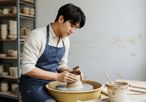 JPG 편집이미지 손 남자 예술 작업 도자기 작업실 공예 집중 만들기 예술가 점토 물레 창의력 핸드메이드 의료성형뷰티 편집실사 AI인물포토 AI콘텐츠 컨셉 모션 사람 취미 신체부위 CG 파일형식 AI포토
