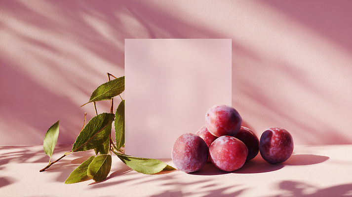 JPG 편집이미지 디자인 음식 분홍색 컬러 백그라운드 잎 과일 자연 아이디어 배열 질감 조화 자두 편집실사 AI포토 AI콘텐츠 식물 컨셉 CG 생태계 파일형식