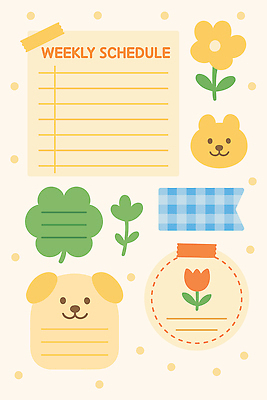 캐릭터 학생 손글씨 디자인 꽃 컬러 스티커 일러스트 곰 아이디어 학습 공책 메모지 작업 클로버 계획 정리 일정표 창의력 국내일러스트 일러캐릭터 AI파일 식물 동물 교육 컨셉 포유류 문구용품 사무용품 파일형식 벡터