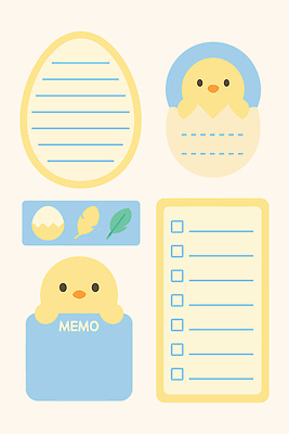 디자인 일러스트 조류 문구용품 털 병아리 파란색 노란색 귀여움 계란 사무용품 공책 기록 메모지 그림 체크리스트 Stationery 국내일러스트 AI파일 동물 컬러 컨셉 알 오브젝트 파일형식 벡터