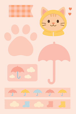 캐릭터 디자인 백그라운드 패턴 일러스트 우산 일상 귀여움 고양이 티켓 발자국 오브젝트 감성 아이템 꾸밈 색감 국내일러스트 일러캐릭터 AI파일 컨셉 무늬 포유류 자국 라이프 반려동물 파일형식 벡터