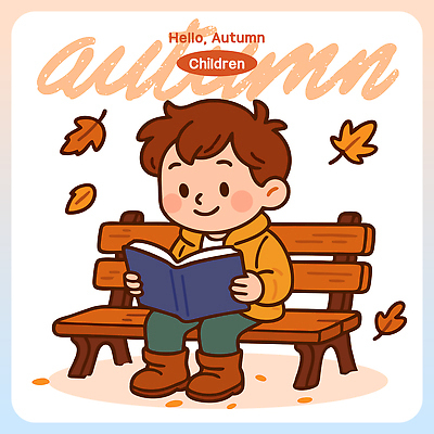 공원 행복 어린이 벤치 일러스트 모션 자연 나뭇잎 풍경 책 독서 평화 귀여움 가을 분위기 즐거움 그림 색감 국내일러스트 AI파일 계절 공공시설 감정 컨셉 잎 의자 사람 생태계 파일형식 벡터