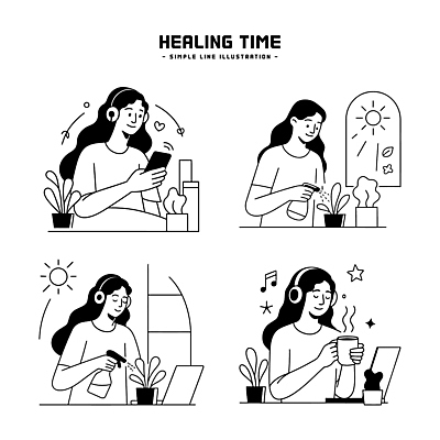 식물 라이프스타일 행복 여유 커피 음악 일러스트 휴식 주택 건강 일상 편안함 명상 모던 힐링 조화 산소 창의성 국내일러스트 AI파일 감정 음료 컨셉 문화예술 건물 라이프 생활 감각 원소 파일형식 벡터