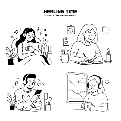 식물 감정 일러스트 초 휴식 생활 독서 고양이 음악감상 창가 힐링 심플 소통 스트레스해소 자기관리 창의력 국내일러스트 AI파일 컨셉 창문 포유류 반려동물 감상 파일형식 벡터