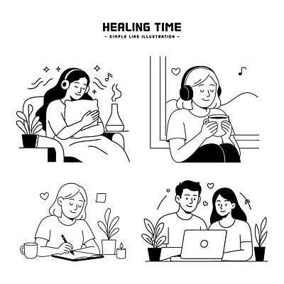 식물 행복 감정 여유 커피 음악 데이트 일러스트 주택 사랑 일상 친구 독서 마음 기록 시간 편안함 힐링 스트레스해소 창의력 국내일러스트 AI파일 음료 관계 문화예술 건물 라이프 감각 파일형식 벡터