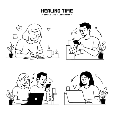 식물 감정 여유 일러스트 모션 흑백 여러명 일상 스마트폰 컴퓨터 독서 기록 시간 편안함 스케치 그림 힐링 단순화된 스타일 국내일러스트 AI파일 다수 촬영기법 미술 사람 라이프 전자제품 핸드폰 스마트기기 감각 파일형식 벡터