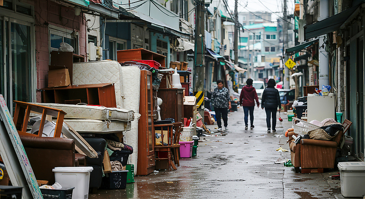 JPG 편집이미지 가구 거리 주택 사람 풍경 여러명 생활 걷기 도시 황폐 골목길 쓰레기 버리기 편집실사 AI인물포토 AI콘텐츠 길 생활용품 다수 컨셉 모션 건물 CG 파일형식 AI포토