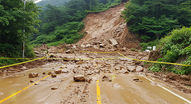 JPG 편집이미지 도로 생각 안전 손상 자연재해 지형 산사태 토사 흙길 편집실사 AI포토 AI콘텐츠 길 모래 컨셉 교통시설 흙 CG 재해 파일형식