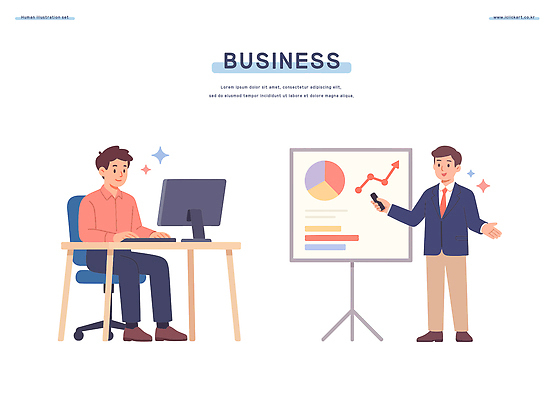 남자 컬러 일러스트 비즈니스 그래프 협력 아이디어 직장 컴퓨터 사무실 자료 작업 발표 전문직 군중 프레젠테이션 보고서 소통 서류판 창의성 국내일러스트 AI파일 직업 컨셉 회사 사람 전자제품 사무용품 파일형식 벡터