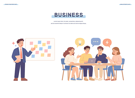 일러스트 비즈니스 회의 협력 아이디어 직장 공책 발표 계획 동료 포스트잇 전략 의견 의사소통 프로젝트 브레인스토밍 셰어링 상호작용 국내일러스트 AI파일 컨셉 회사 관계 문구용품 메모지 파일형식 벡터 공유경제