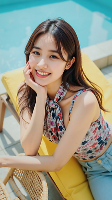 JPG 편집이미지 여자 수영복 꽃무늬 휴식 수영장 미소 야외 여름 친구 청춘 유머 편안함 즐거움 소통 의료성형뷰티 편집실사 AI인물포토 AI콘텐츠 옷 계절 꽃 감정 컨셉 무늬 관계 표정 사람 감각 CG 파일형식 AI포토