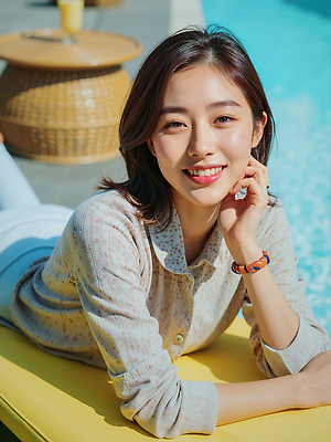 JPG 편집이미지 여자 행복 여유 날씨 휴식 수영장 미소 웃음 햇빛 매력적 분위기 편안함 오후 의료성형뷰티 스타일 편집실사 AI인물포토 AI콘텐츠 감정 컨셉 표정 사람 태양 감각 CG 파일형식 AI포토