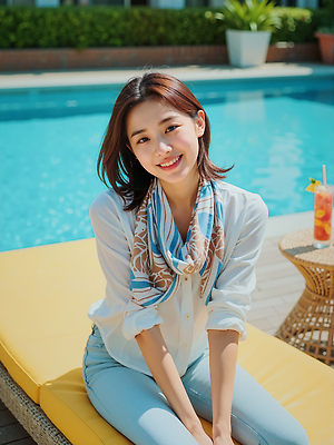 JPG 편집이미지 여자 패션 행복 음료 휴식 수영장 미소 야외 여름 친구 햇빛 스카프 청바지 편안함 뷰티풀 의료성형뷰티 편집실사 AI인물포토 AI콘텐츠 계절 감정 컨셉 바지 관계 표정 사람 태양 목도리 감각 CG 파일형식 AI포토