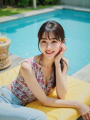 JPG 편집이미지 여자 행복 꽃무늬 자연 휴식 수영장 밝음 미소 일상 물 여름 청춘 태양 청바지 의료성형뷰티 편집실사 AI인물포토 AI콘텐츠 자연요소 계절 꽃 감정 컨셉 무늬 바지 표정 사람 라이프 CG 생태계 파일형식 AI포토