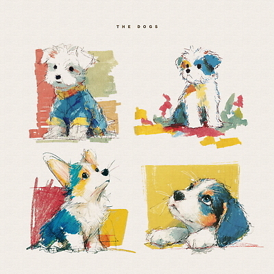 PSD 동물 행복 감정 컬러 포즈 일러스트 반려동물 귀여움 표현 개 강아지 묘사 그림 색채 생동감 창의성 컨셉 포유류 파일형식