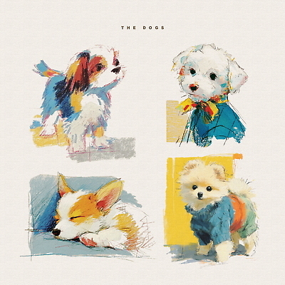 PSD 동물 디자인 컬러 포즈 일러스트 수채화 반려동물 귀여움 표현 색칠 강아지 즐거움 그림 상상력 창의성 테마 감정 컨셉 개 파일형식