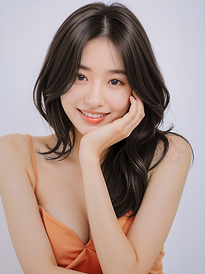 JPG 모델 편집이미지 손 옷 여자 얼굴 포즈 스튜디오 조명 미소 청춘 카메라 촬영 주황색 표현 뷰티풀 의료성형뷰티 편집실사 AI인물포토 AI콘텐츠 컬러 컨셉 표정 사람 신체부위 전자제품 CG 파일형식 AI포토