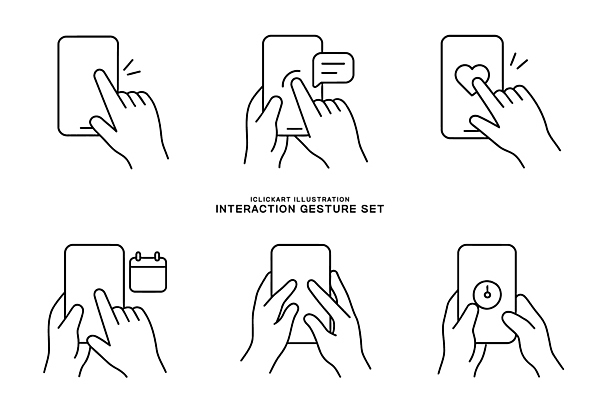 디자인 포즈 일러스트 모바일 기술 손짓 스마트폰 스크린 터치 메시지 어플리케이션 계획 알림 심볼 인터페이스 사용자 상호작용 국내일러스트 AI파일 컨셉 모션 핸드폰 스마트기기 파일형식 벡터